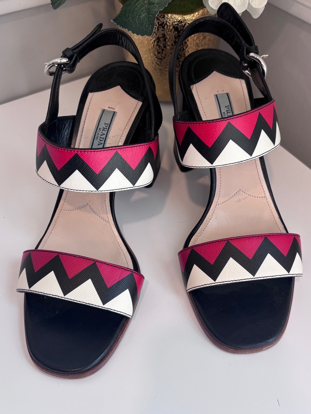 Prada Black, Red  & White Zigzag Strap Sandals